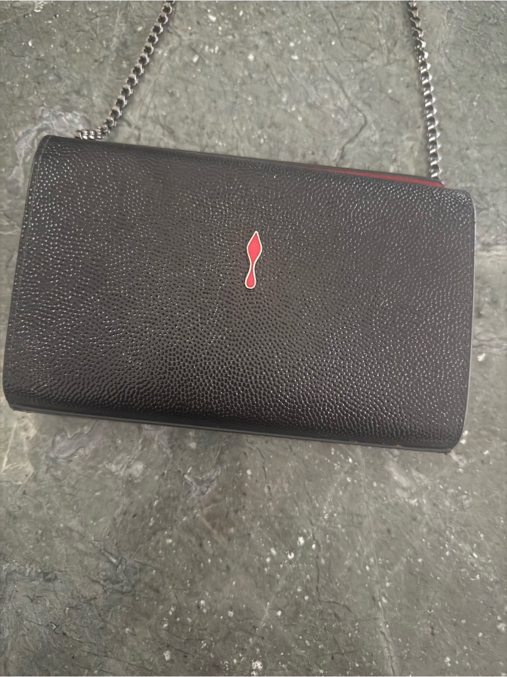 Christian Louboutin Black Pebbled Leather Chain Wallet with Red Logo Detail